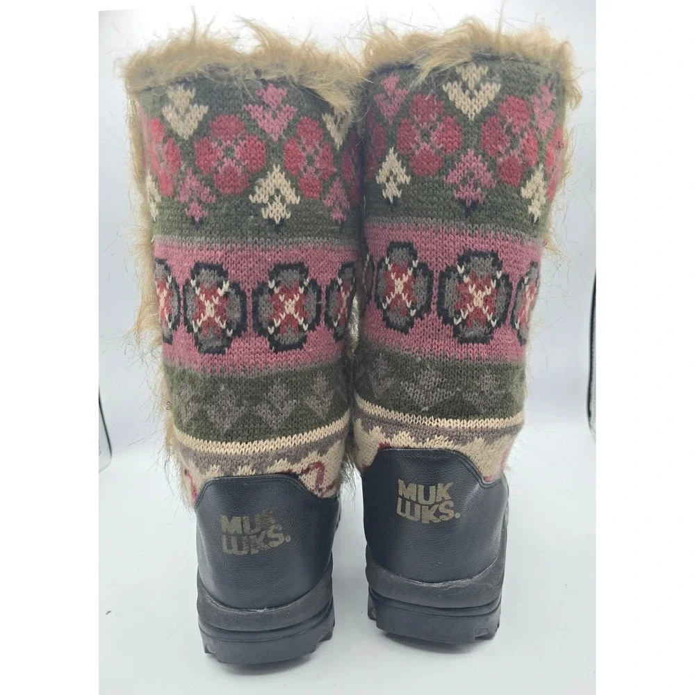 Muk Luks Womens  8 Black Fair Isle Knit Faux Fur Thinsulate Winter Boots 4464